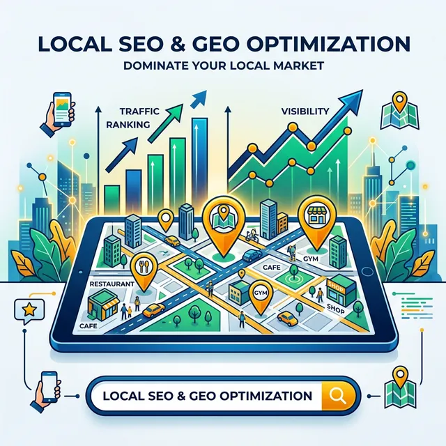 Optimisation SEO et GEO dans le Var - illustration avec carte locale et graphiques de progression